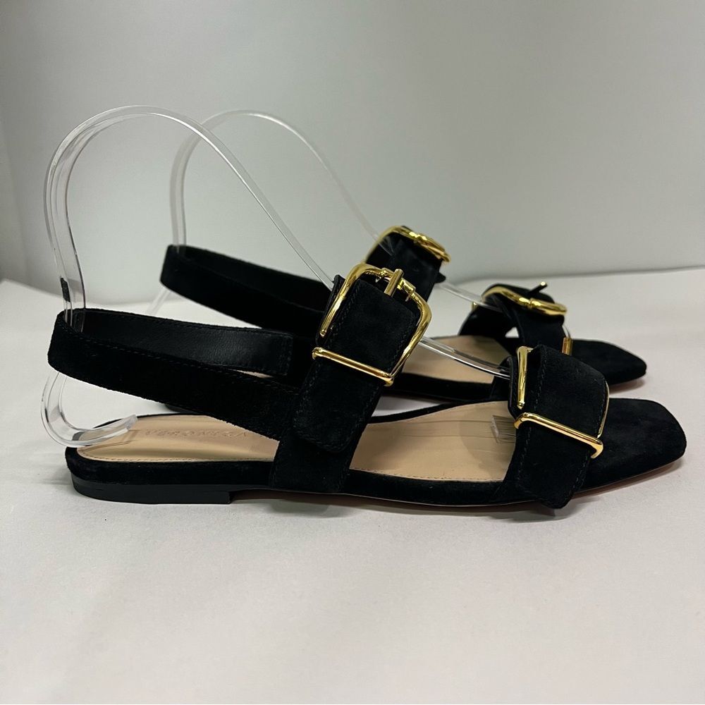Veronica Beard Black Suede Slingback Sandals with Gold Buckles - Picture 6 of 10